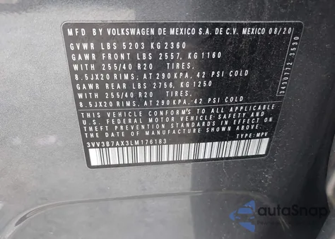 2020 Volkswagen Tiguan 2.0T Se/2.0T Se R-Line Black/2.0T Sel из США, поврежденный, VIN 3VV3B7AX3LM176183